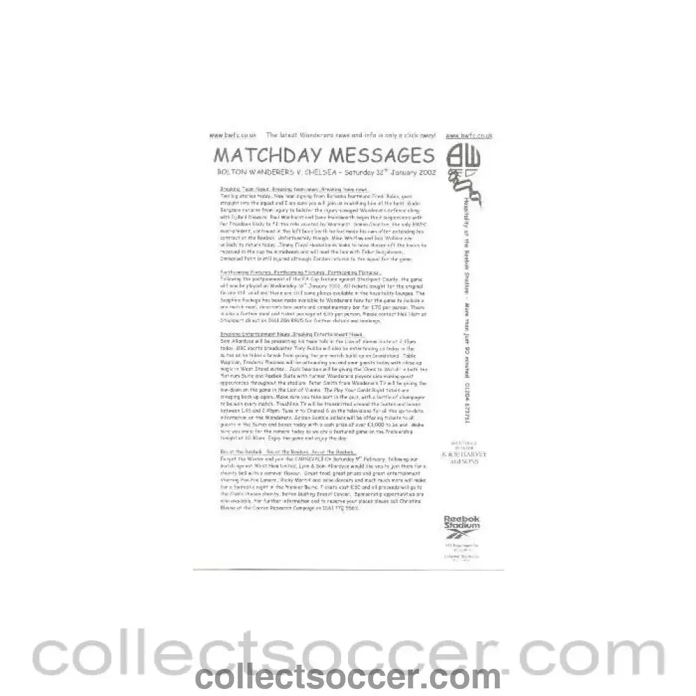 2002 - Bolton Wanderers v Chelsea 12/01/2002 Matchday Messages - Collect Soccer