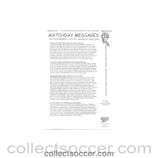 2002 - Bolton Wanderers v Chelsea 12/01/2002 Matchday Messages