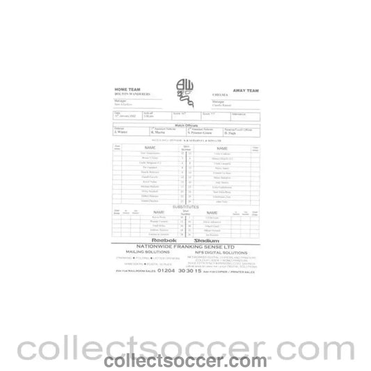 2002 - Bolton Wanderers v Chelsea official teamsheet 12/01/2002