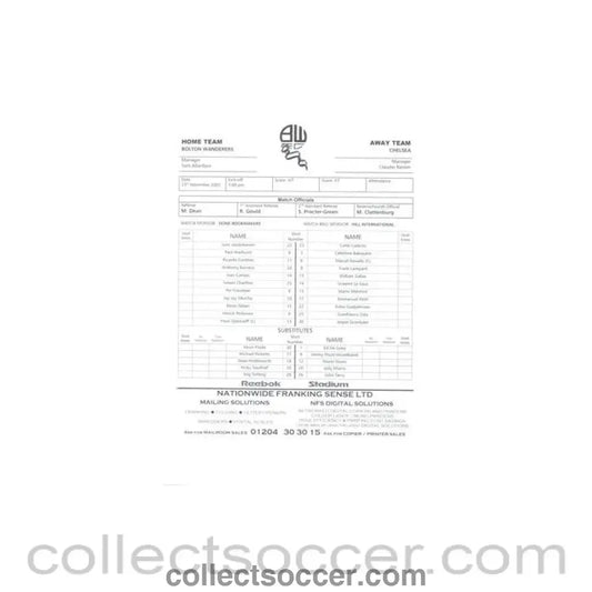 2002 - Bolton Wanderers v Chelsea official teamsheet 23/11/2002