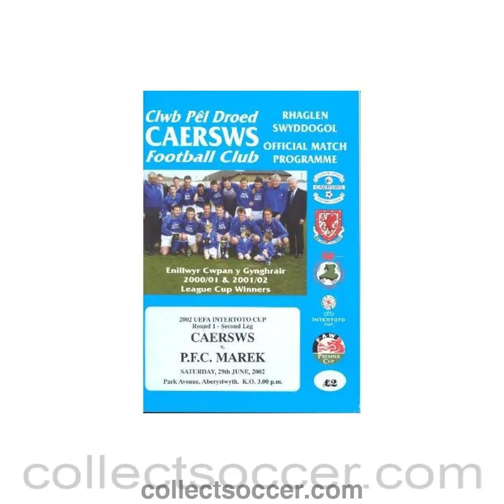 2002 - Caersws Wales v Marek Bulgaria official programme 29/06/2002 Intertoto Cup - Collect Soccer