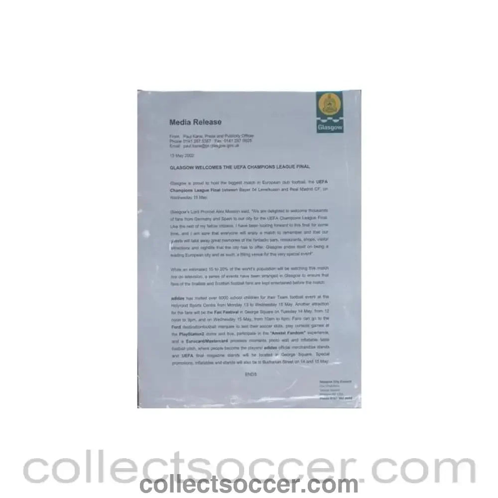 2002 Champions League Final in Glasgow Media Release, no branded pen - Collect Soccer