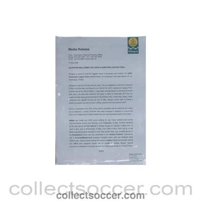 2002 Champions League Final in Glasgow Media Release, no branded pen - Collect Soccer