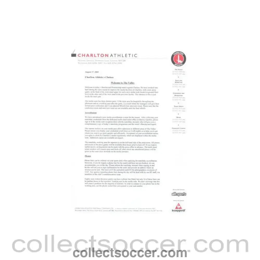 2002 - Charlton Athletic v Chelsea 17/08/2002 information for the media