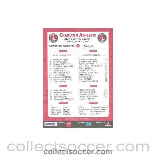 2002 - Charlton Athletic v Chelsea official colour teamsheet 02/03/2002 Premier League - Collect Soccer