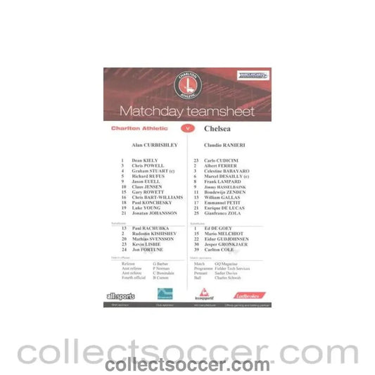 2002 - Charlton Athletic v Chelsea official colour teamsheet 17/08/2002 Premier League - Collect Soccer
