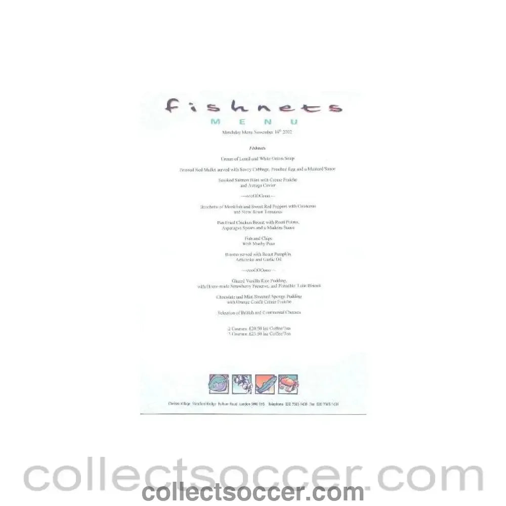 2002 - Chelsea Fishnets menu of 16/11/2002