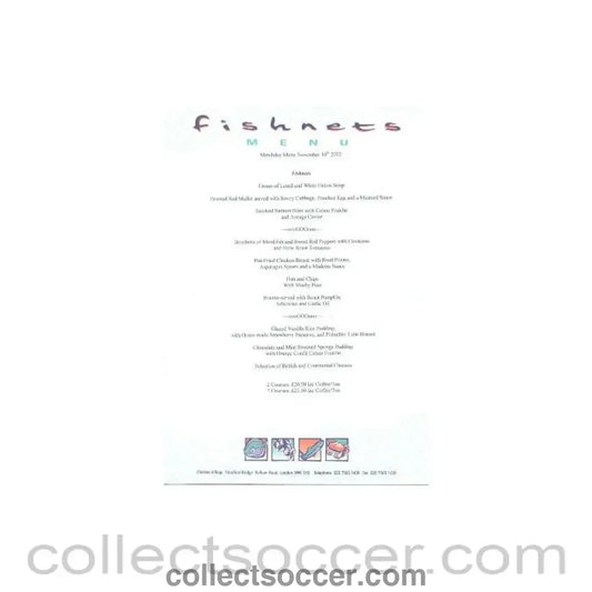 2002 - Chelsea Fishnets menu of 16/11/2002