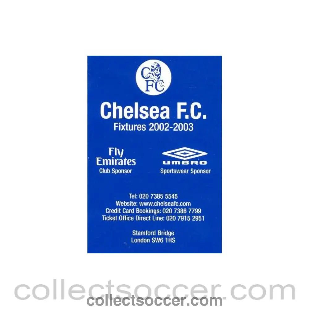 2002 - Chelsea Fixtures 2002-2003 - Collect Soccer