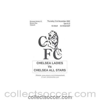2002 - Chelsea Ladies vChelsea All Stars official programme 21/11/2002 at Banstead Athletic FC - Collect Soccer