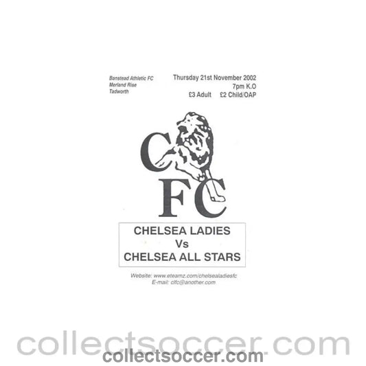 2002 - Chelsea Ladies vChelsea All Stars official programme 21/11/2002 at Banstead Athletic FC