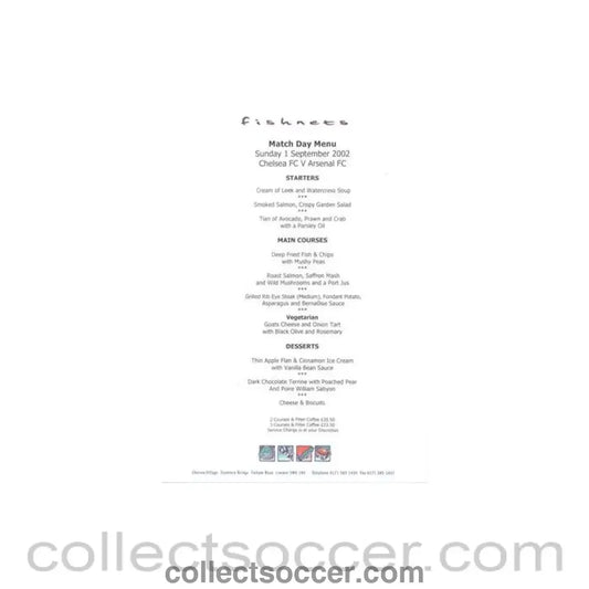 2002 - Chelsea v Arsenal Fishnets menu 01/09/2002