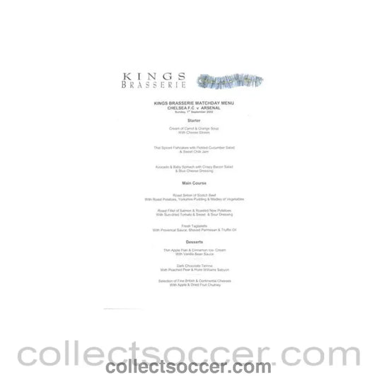 2002 - Chelsea v Arsenal King’s Brasserie menu 01/09/2002