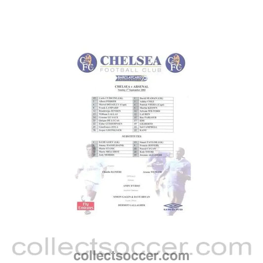 2002 - Chelsea v Arsenal official colour teamsheet 01/09/2002 Premier League