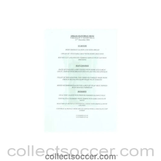 2002 - Chelsea v Aston Villa Arkles menu 21/12/2002