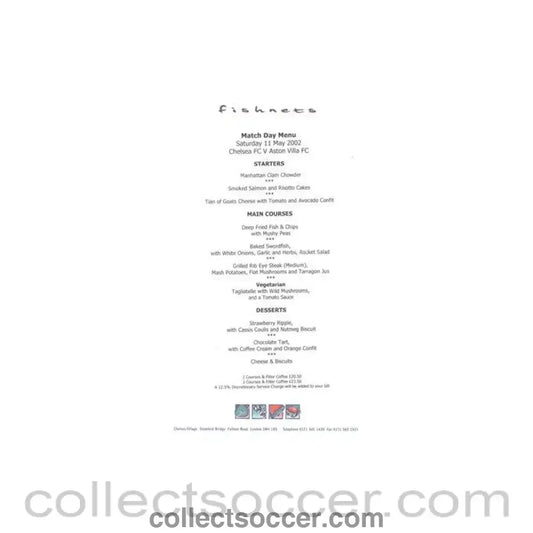 2002 - Chelsea v Aston Villa Fishnets menu 11/05/2002