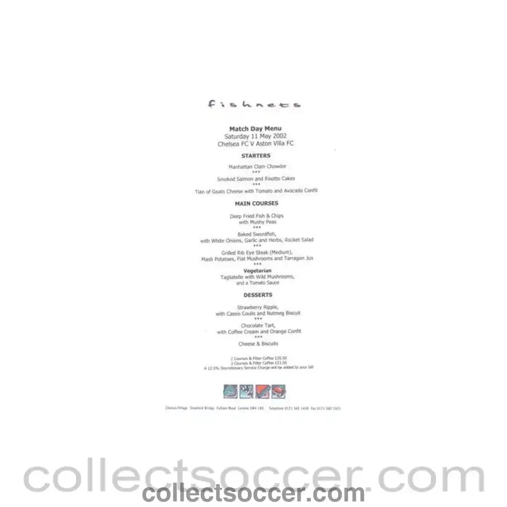 2002 - Chelsea v Aston Villa Fishnets menu 11/05/2002 - Collect Soccer