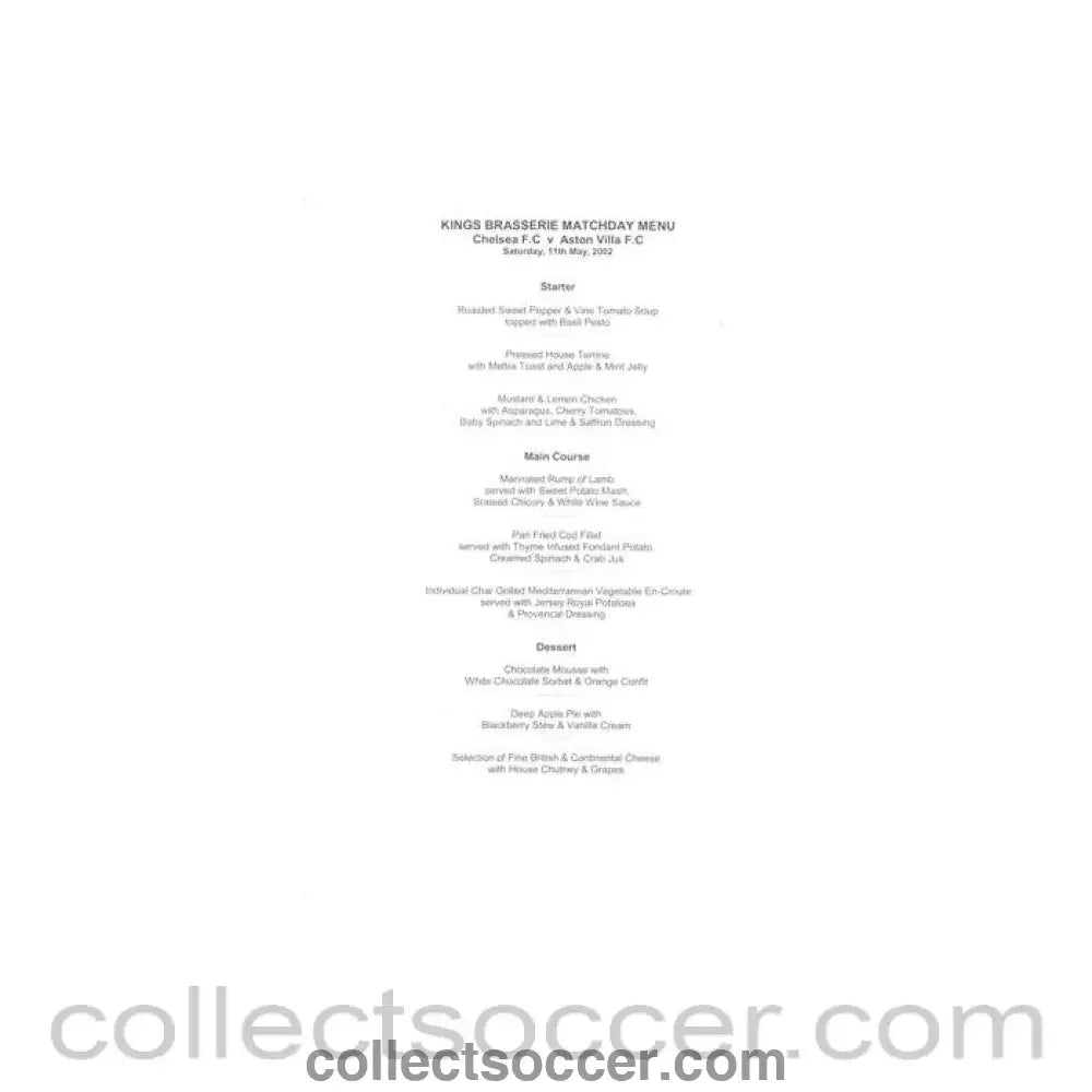 2002 - Chelsea v Aston Villa Kings Brasserie menu 11/05/2002