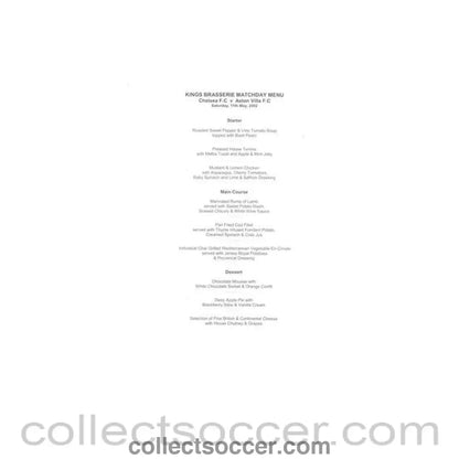2002 - Chelsea v Aston Villa Kings Brasserie menu 11/05/2002