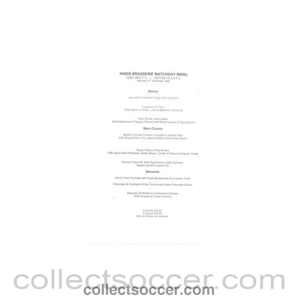2002 - Chelsea v Aston Villa Kings Brasserie menu 21/12/2002