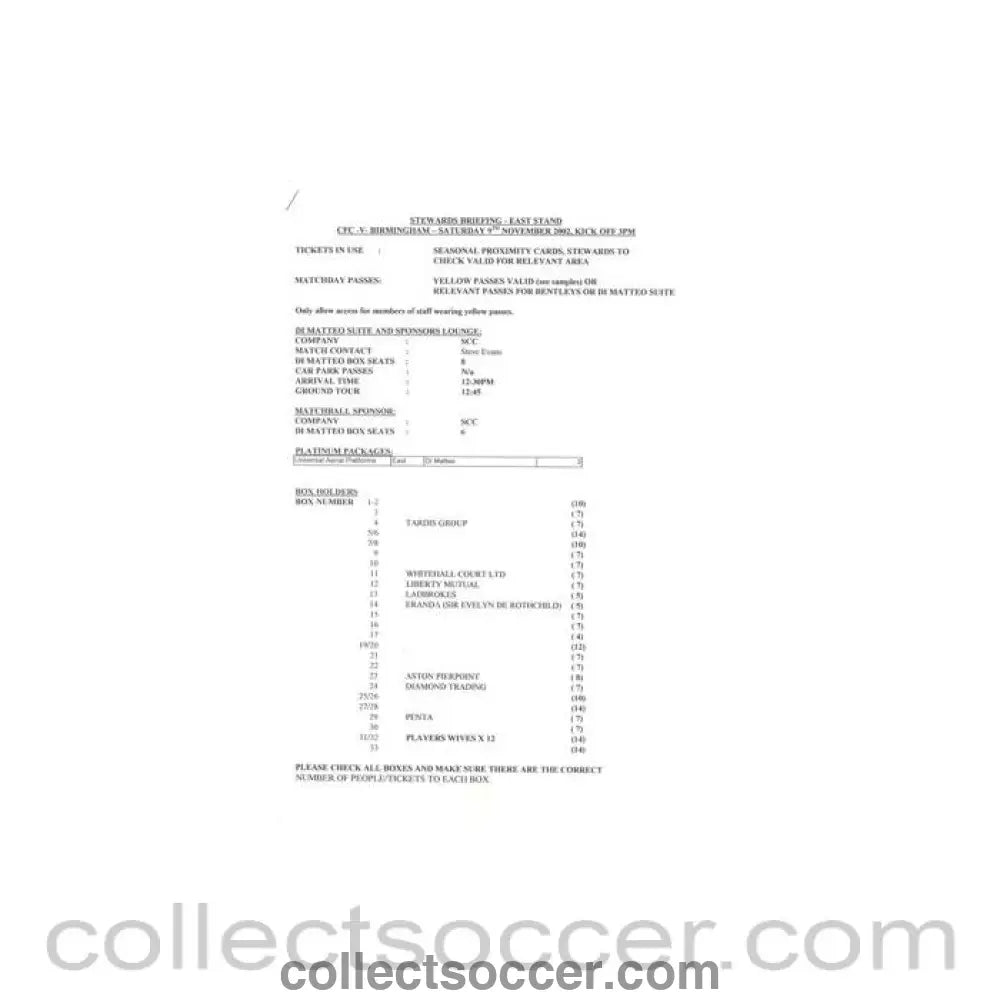 2002 - Chelsea v Birmingham City 09/11/2002 Stewards Briefing - Collect Soccer