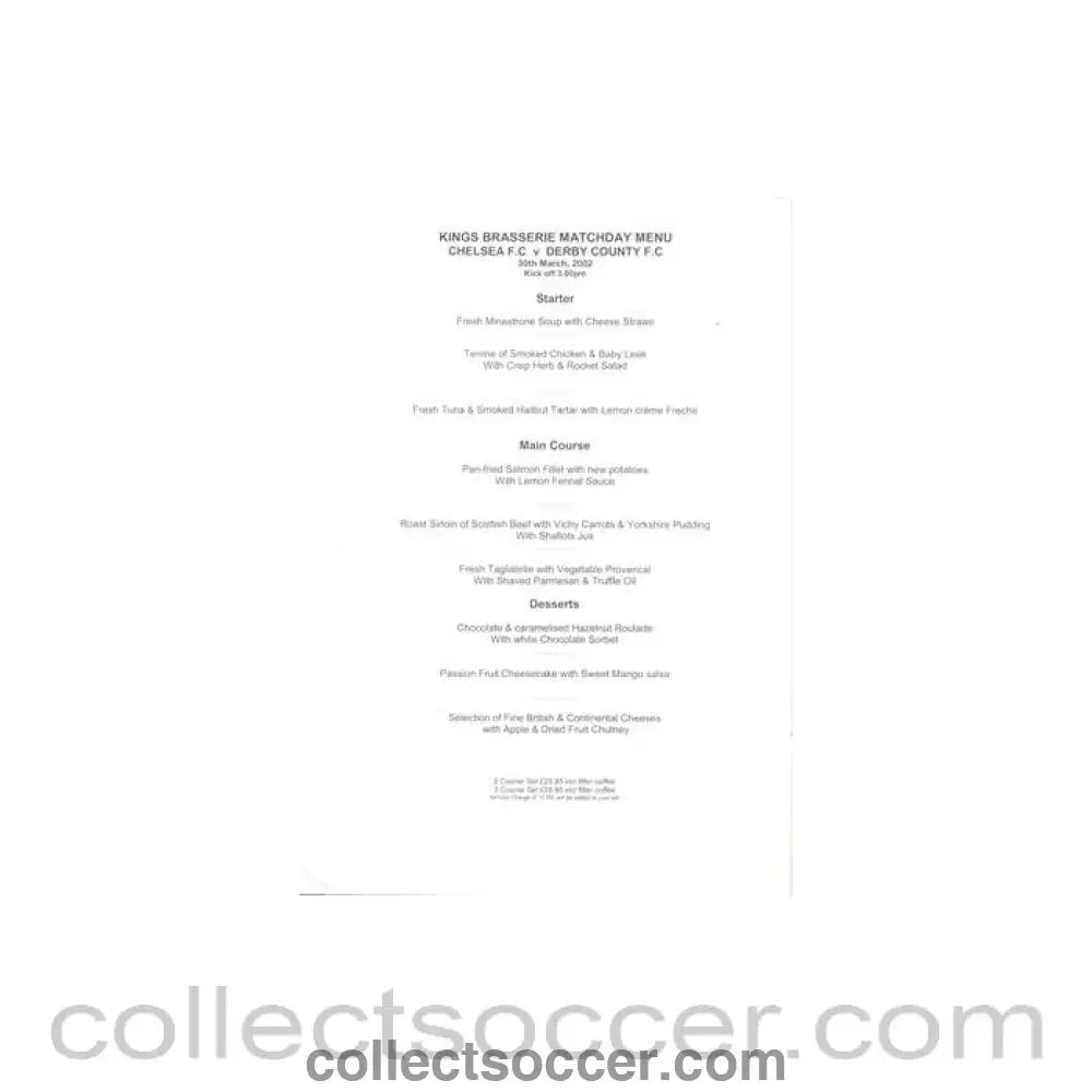 2002 - Chelsea v Derby County Kings Brasserie menu 30/03/2002