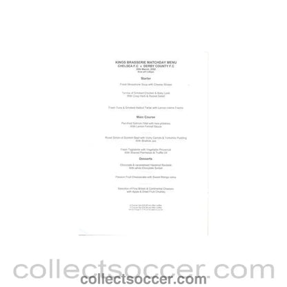 2002 - Chelsea v Derby County Kings Brasserie menu 30/03/2002