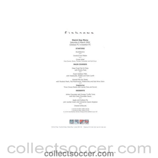 2002 - Chelsea v Everton Fishnets menu 06/04/2002 Premier League