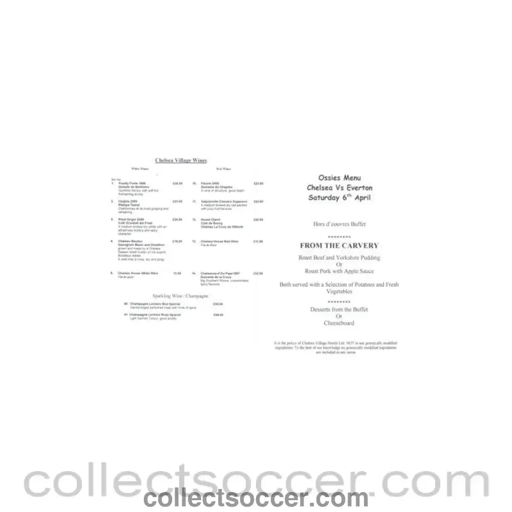 2002 - Chelsea v Everton Ossies menu 06/04/2002 Premier League - Collect Soccer