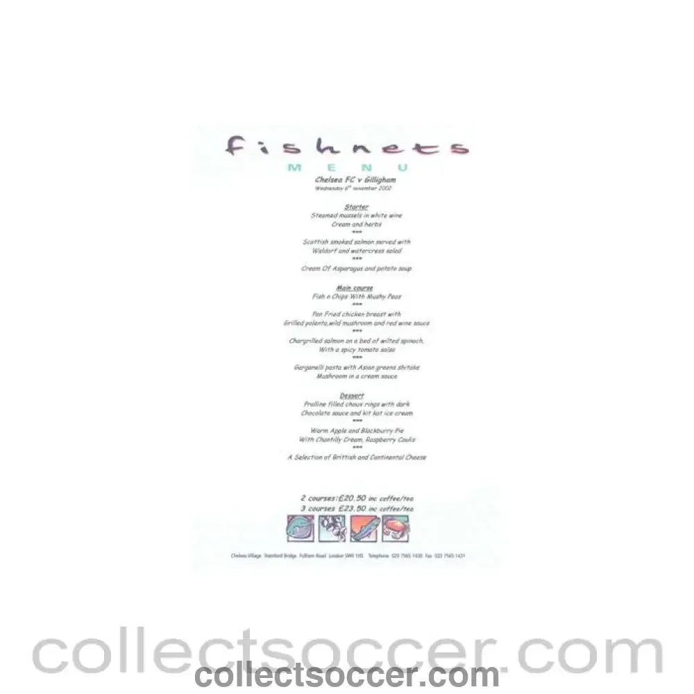 2002 - Chelsea v Gillingham Fishnets menu 06/11/2002 - Collect Soccer