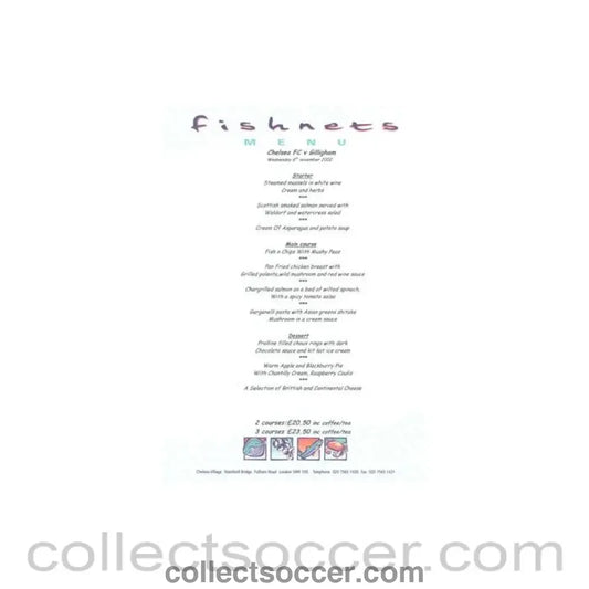 2002 - Chelsea v Gillingham Fishnets menu 06/11/2002