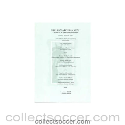2002 - Chelsea v Manchester United Arkles menu 20/04/2002 - Collect Soccer