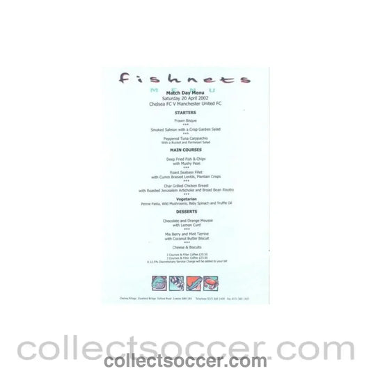 2002 - Chelsea v Manchester United Fishnets blue menu 20/04/2002