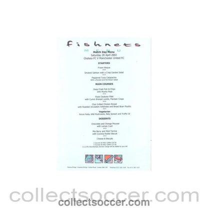 2002 - Chelsea v Manchester United Fishnets blue menu 20/04/2002 - Collect Soccer