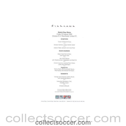 2002 - Chelsea v Manchester United Fishnets menu 23/08/2002