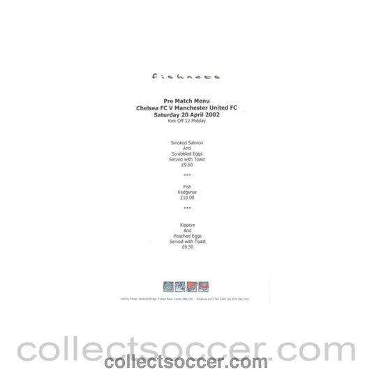 2002 - Chelsea v Manchester United Fishnets white menu 20/04/2002