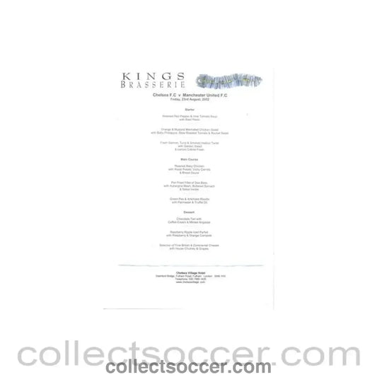 2002 - Chelsea v Manchester United Kings Brasserie menu 23/08/2002
