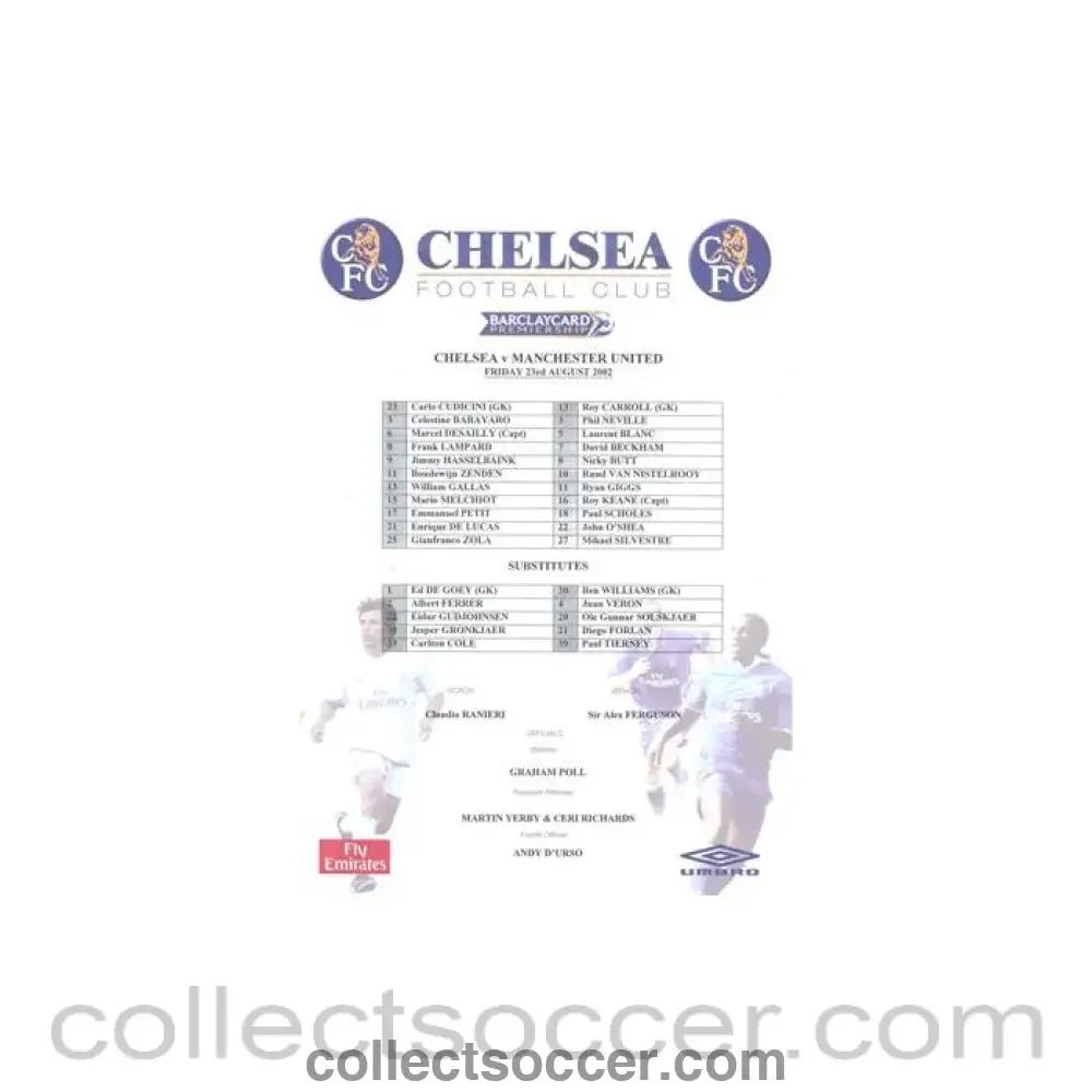 2002 - Chelsea v Manchester United official teamsheet 23/08/2002 Premier League - Collect Soccer