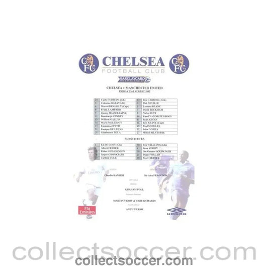 2002 - Chelsea v Manchester United official teamsheet 23/08/2002 Premier League - Collect Soccer