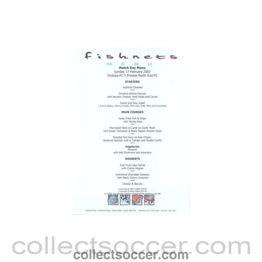 2002 - Chelsea v Preston North End Fishnets menu 17/02/2002