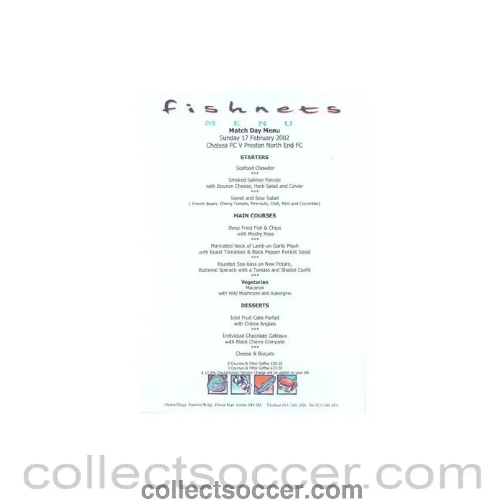 2002 - Chelsea v Preston North End Fishnets menu 17/02/2002 - Collect Soccer