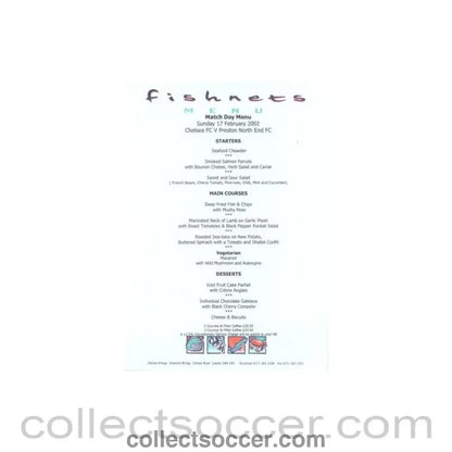 2002 - Chelsea v Preston North End Fishnets menu 17/02/2002 - Collect Soccer