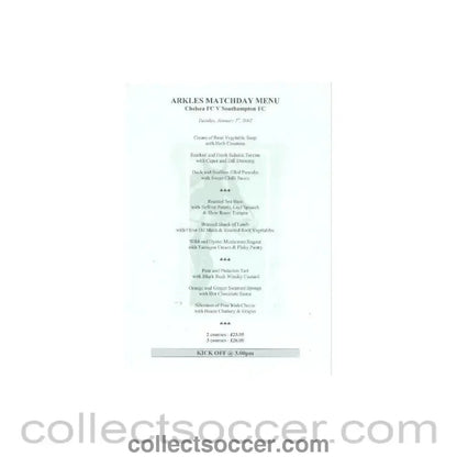 2002 - Chelsea v Southampton Arkles menu 01/01/2002 - Collect Soccer