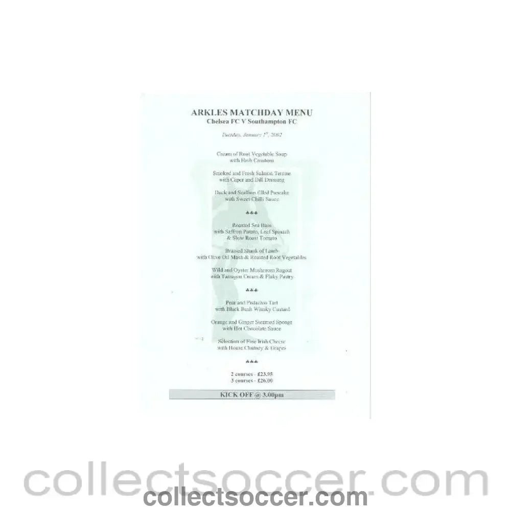 2002 - Chelsea v Southampton Arkles menu 01/01/2002 - Collect Soccer