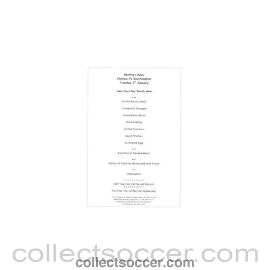 2002 - Chelsea v Southampton Bentleys menu 01/01/2002