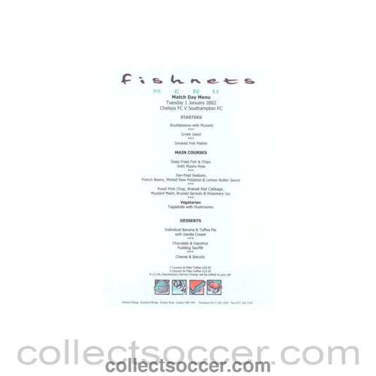 2002 - Chelsea v Southampton Fishnets menu 01/01/2002