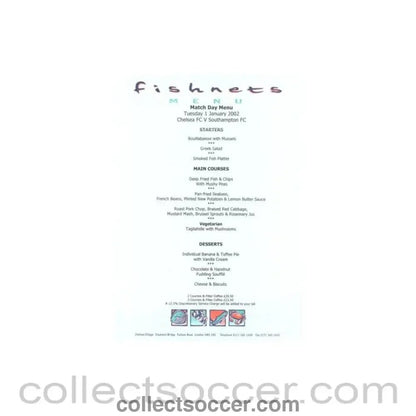 2002 - Chelsea v Southampton Fishnets menu 01/01/2002 - Collect Soccer