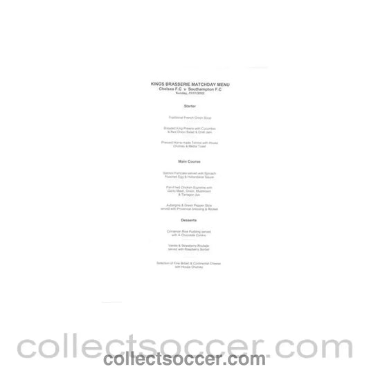 2002 - Chelsea v Southampton Kings Brasserie menu 01/01/2002