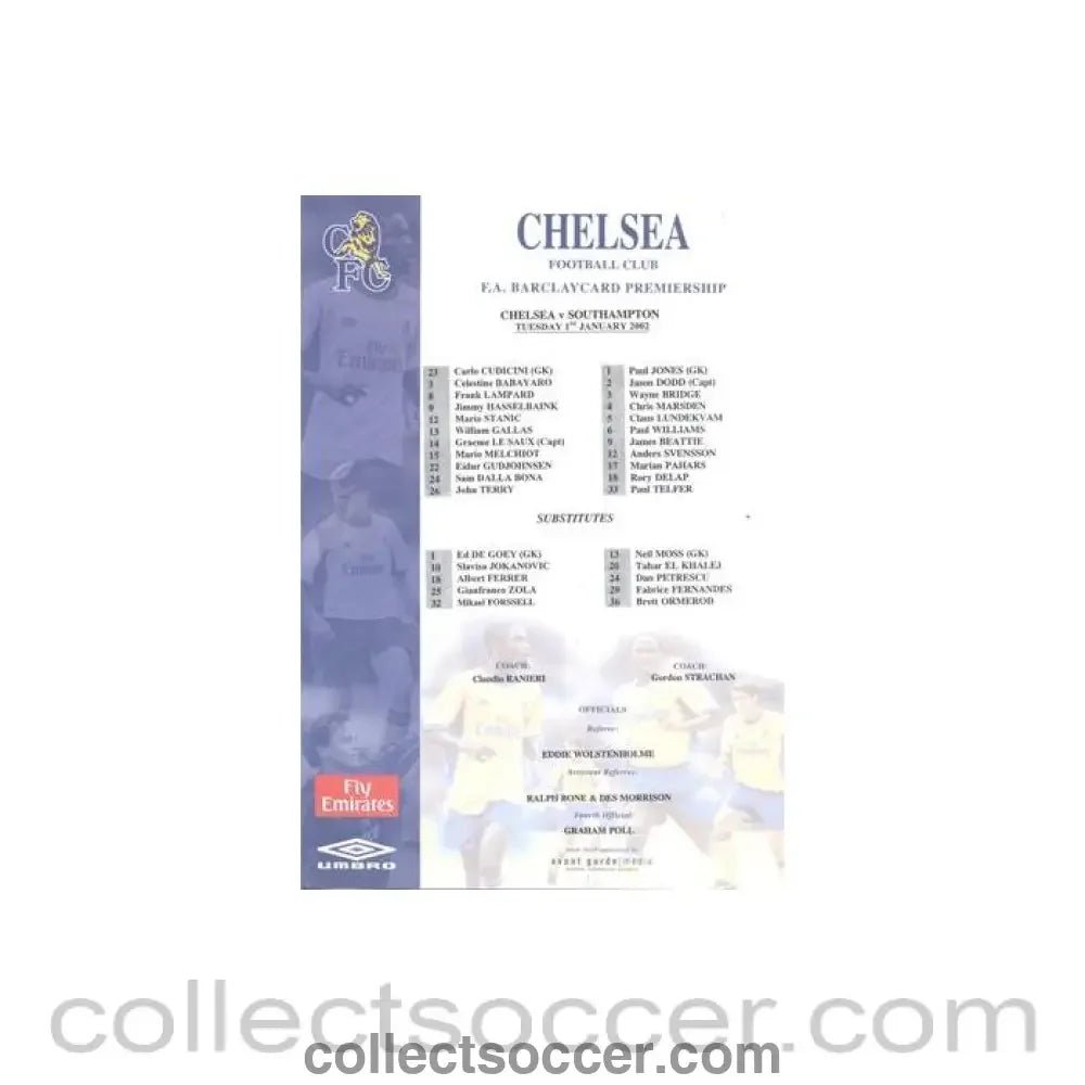 2002 - Chelsea v Southampton official colour teamsheet 01/01/2002 Premier League - Collect Soccer