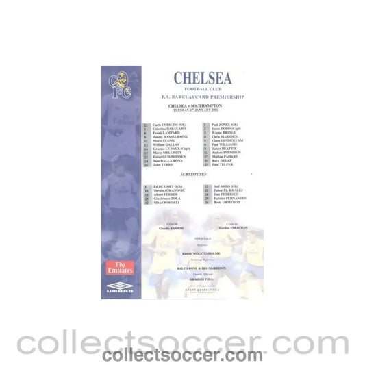 2002 - Chelsea v Southampton official colour teamsheet 01/01/2002 Premier League